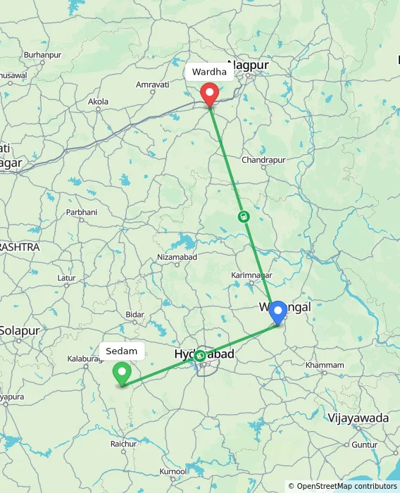 Route map showing distance and travel time from Sedam, India to Wardha, India