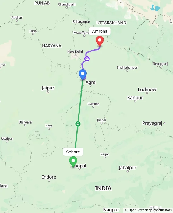 Route map showing distance and travel time from Sehore, India to Amroha, India