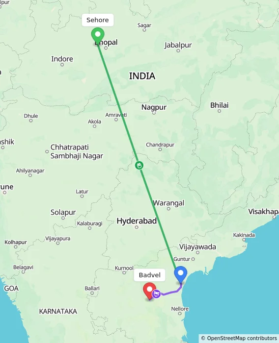 Route map showing distance and travel time from Sehore, India to Badvel, India