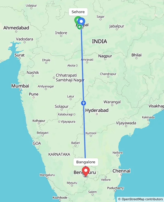 Route map showing distance and travel time from Sehore, India to Bangalore, India