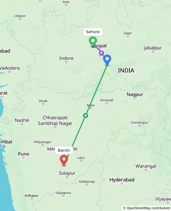 Route map showing distance and travel time from Sehore, India to Barshi, India