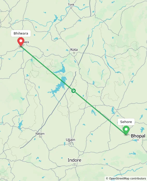 Route map showing distance and travel time from Sehore, India to Bhilwara, India
