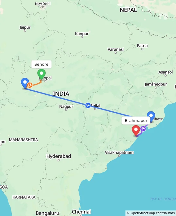 Route map showing distance and travel time from Sehore, India to Brahmapur, India