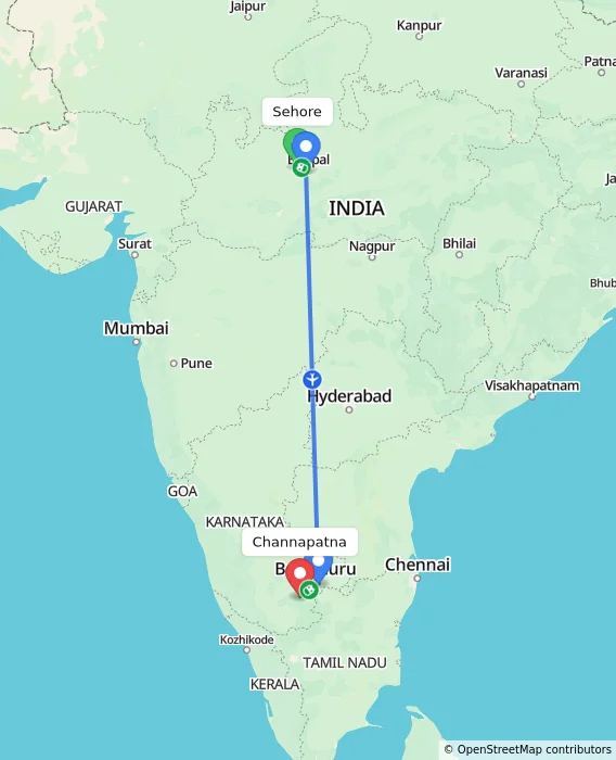 Route map showing distance and travel time from Sehore, India to Channapatna, India