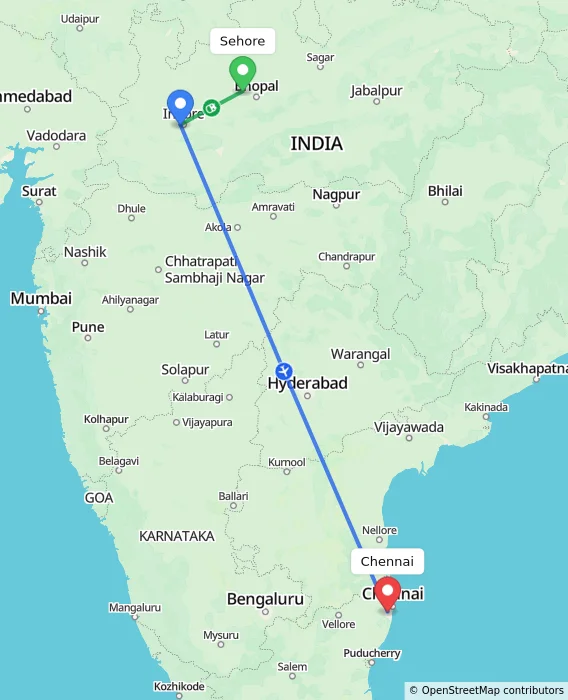 Route map showing distance and travel time from Sehore, India to Chennai, India