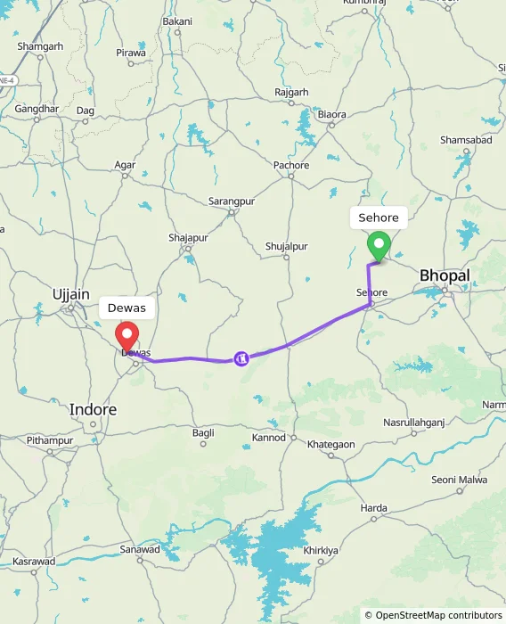 Route map showing distance and travel time from Sehore, India to Dewas, India