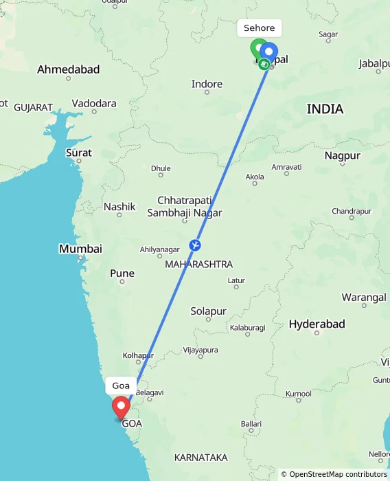 Route map showing distance and travel time from Sehore, India to Goa, India