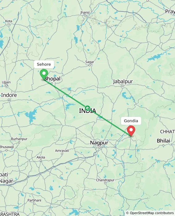 Route map showing distance and travel time from Sehore, India to Gondia, India