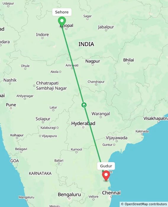 Route map showing distance and travel time from Sehore, India to Gudur, India