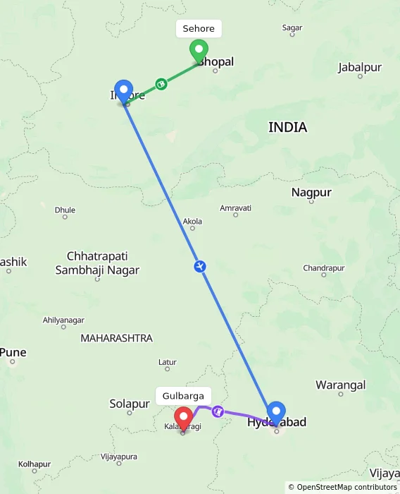Route map showing distance and travel time from Sehore, India to Gulbarga, India