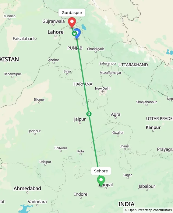 Route map showing distance and travel time from Sehore, India to Gurdaspur, India
