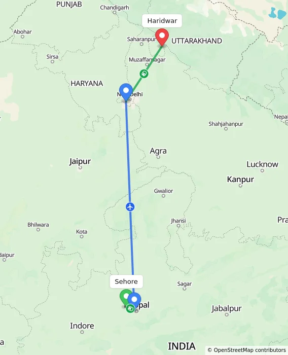 Route map showing distance and travel time from Sehore, India to Haridwar, India