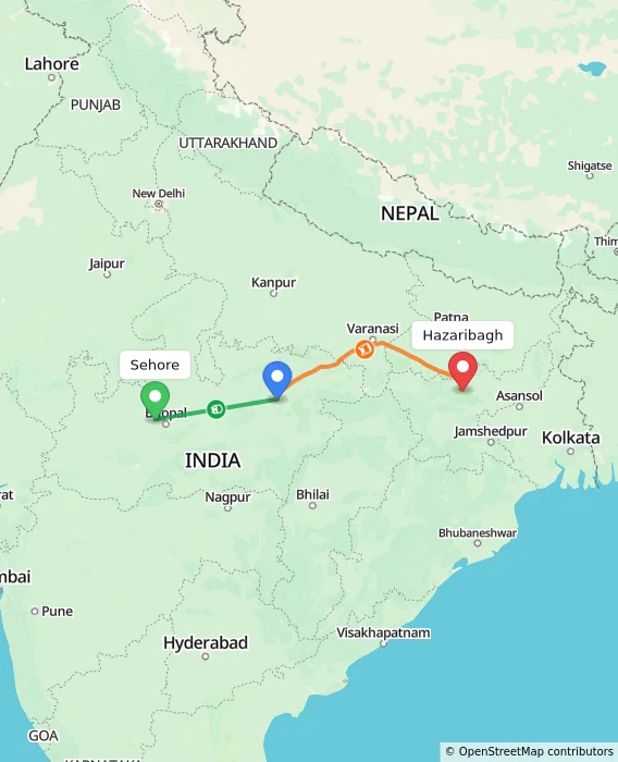 Route map showing distance and travel time from Sehore, India to Hazaribagh, India