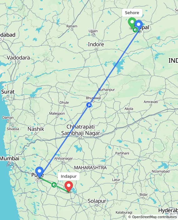 Route map showing distance and travel time from Sehore, India to Indapur, India