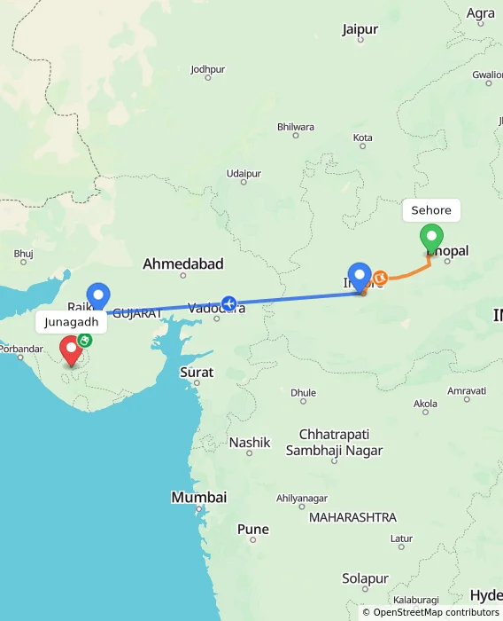 Route map showing distance and travel time from Sehore, India to Junagadh, India