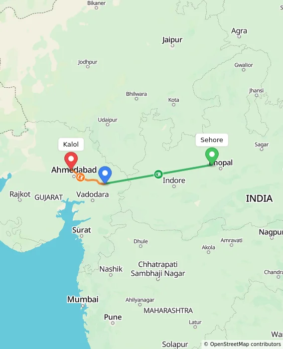 Route map showing distance and travel time from Sehore, India to Kalol, India