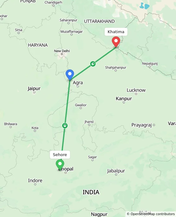Route map showing distance and travel time from Sehore, India to Khatima, India