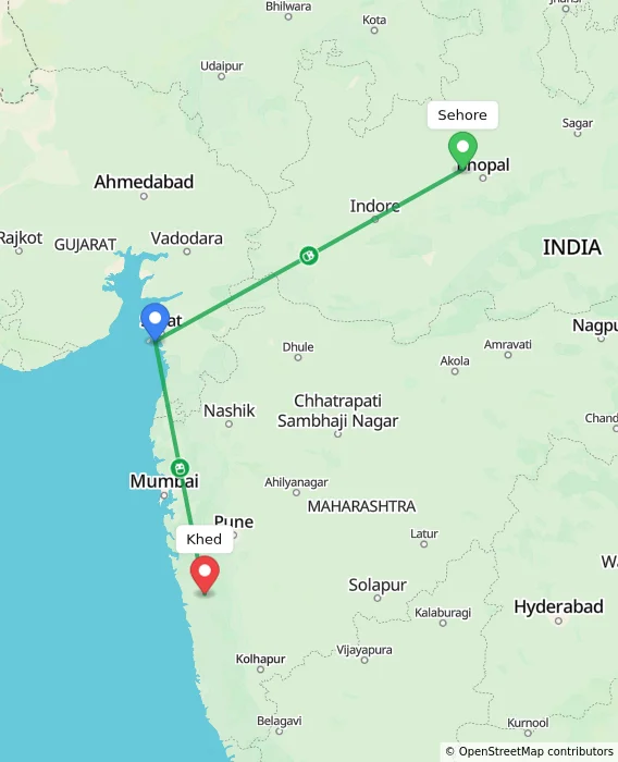 Route map showing distance and travel time from Sehore, India to Khed, India