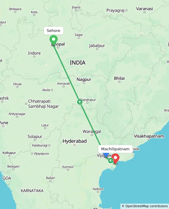 Route map showing distance and travel time from Sehore, India to Machilipatnam, India