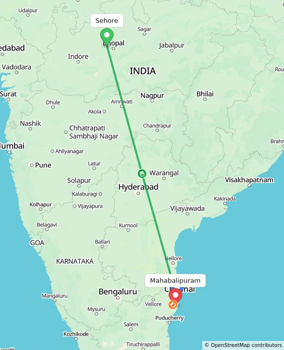 Route map showing distance and travel time from Sehore, India to Mahabalipuram, India
