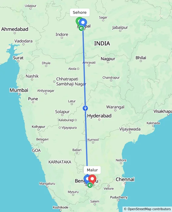 Route map showing distance and travel time from Sehore, India to Malur, India