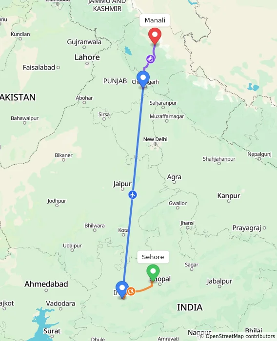 Route map showing distance and travel time from Sehore, India to Manali, India