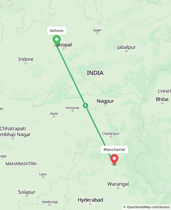 Route map showing distance and travel time from Sehore, India to Mancherial, India