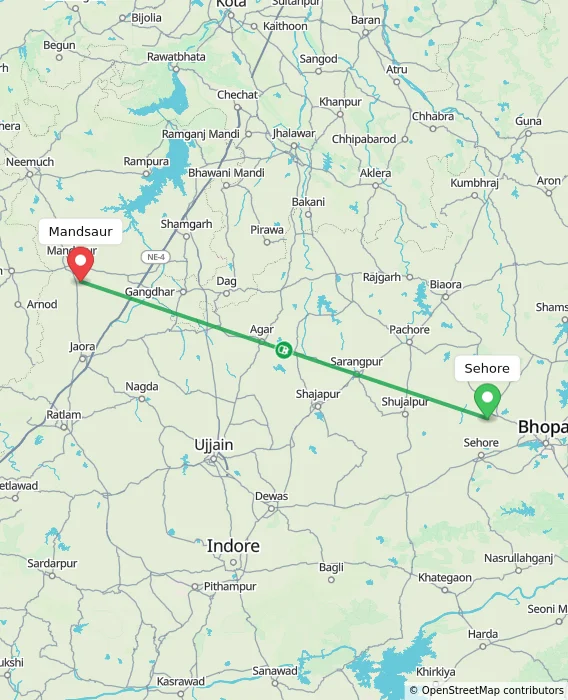 Route map showing distance and travel time from Sehore, India to Mandsaur, India