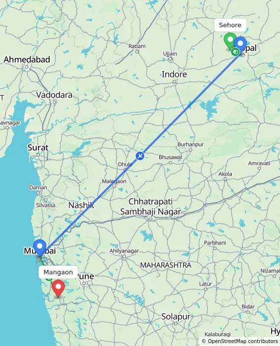 Route map showing distance and travel time from Sehore, India to Mangaon, India
