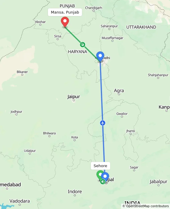Route map showing distance and travel time from Sehore, India to Mansa, Punjab, India