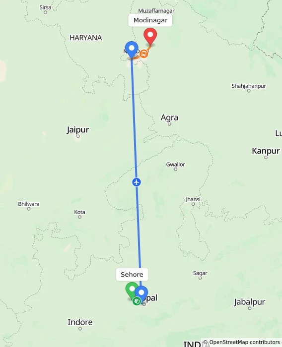 Route map showing distance and travel time from Sehore, India to Modinagar, India