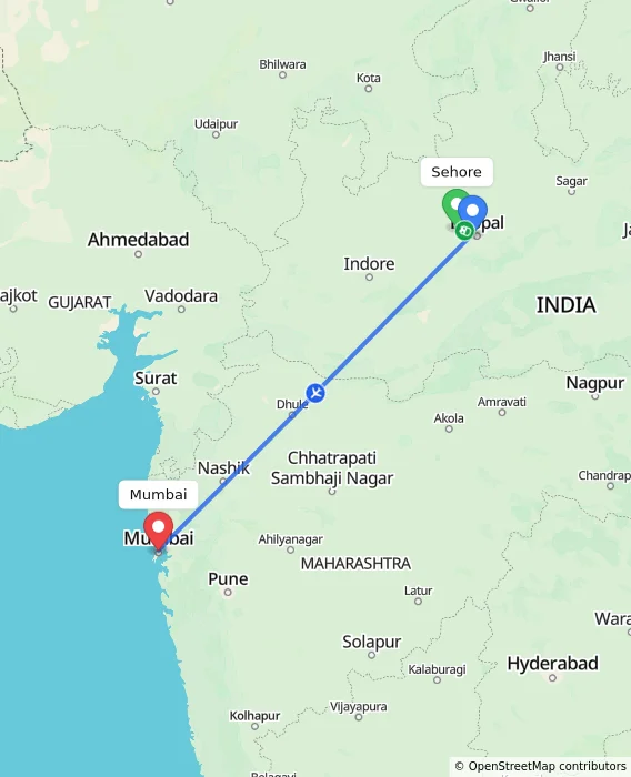 Route map showing distance and travel time from Sehore, India to Mumbai, India