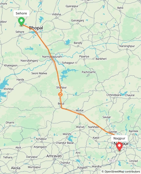 Route map showing distance and travel time from Sehore, India to Nagpur, India
