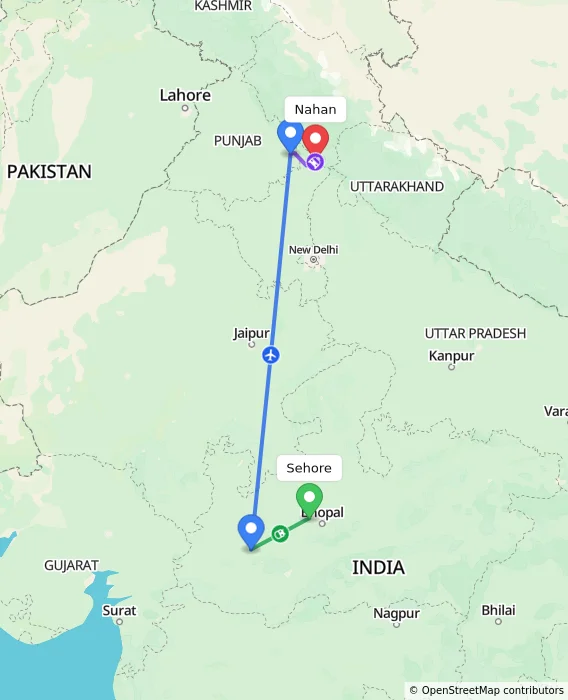 Route map showing distance and travel time from Sehore, India to Nahan, India