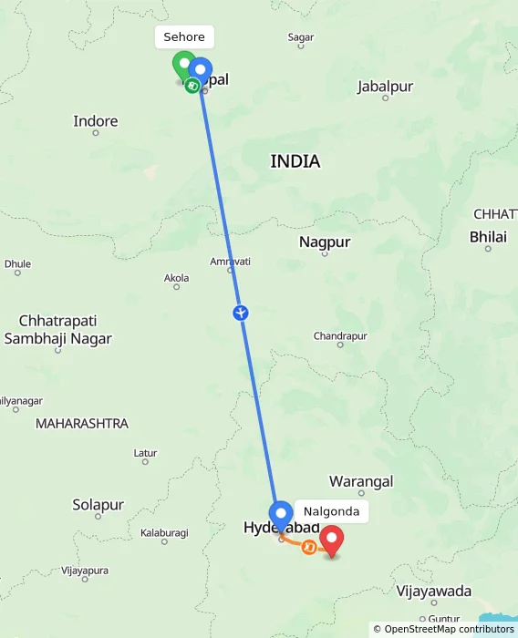 Route map showing distance and travel time from Sehore, India to Nalgonda, India