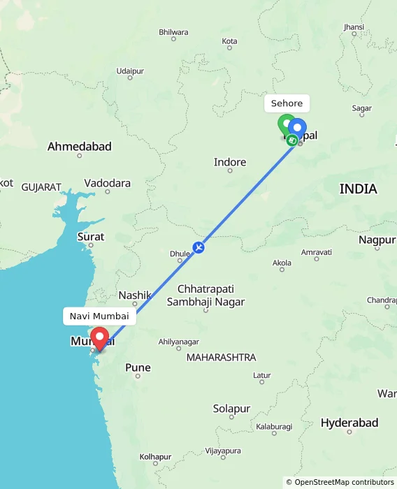 Route map showing distance and travel time from Sehore, India to Navi Mumbai, India