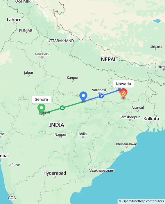 Route map showing distance and travel time from Sehore, India to Nawada, India