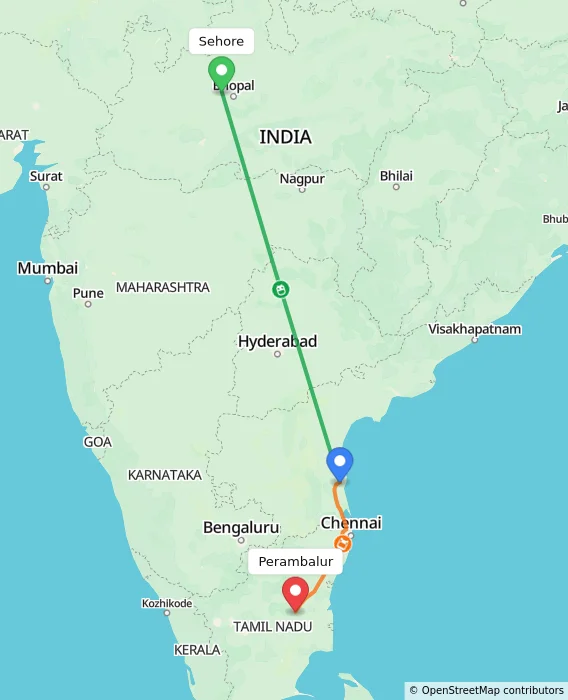Route map showing distance and travel time from Sehore, India to Perambalur, India
