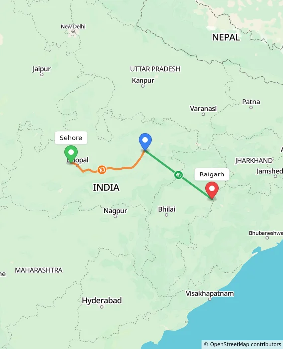 Route map showing distance and travel time from Sehore, India to Raigarh, India