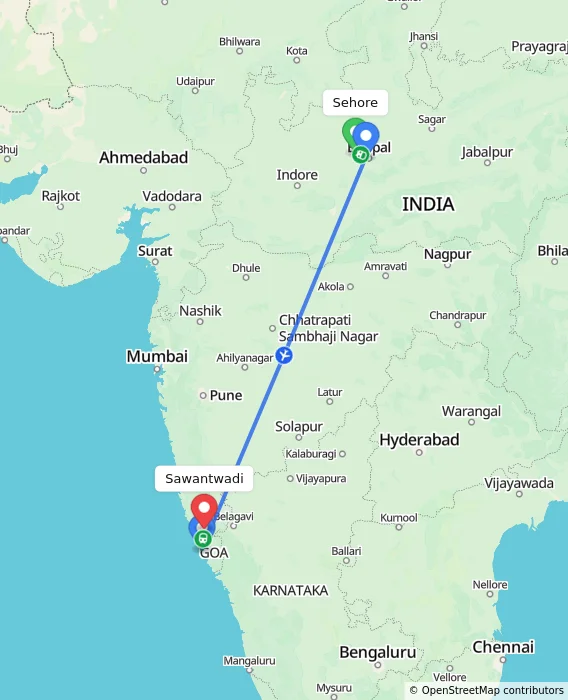 Route map showing distance and travel time from Sehore, India to Sawantwadi, India