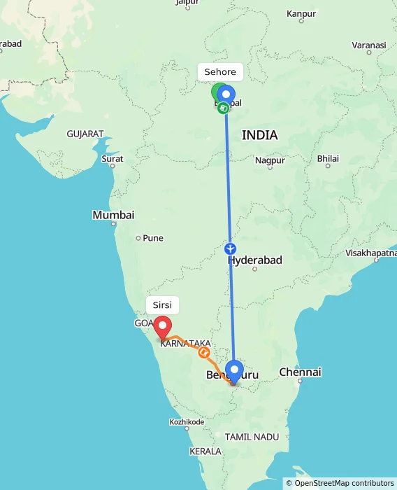 Route map showing distance and travel time from Sehore, India to Sirsi, India
