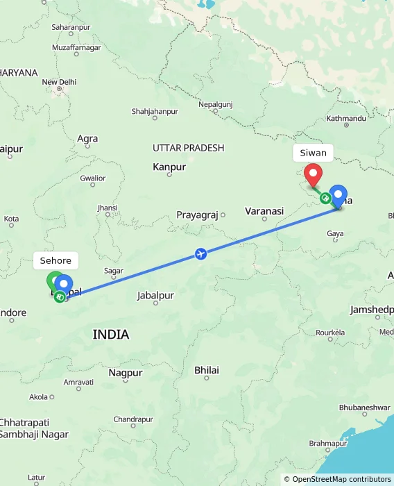 Route map showing distance and travel time from Sehore, India to Siwan, India