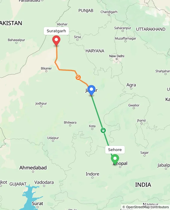Route map showing distance and travel time from Sehore, India to Suratgarh, India