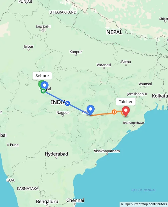Route map showing distance and travel time from Sehore, India to Talcher, India