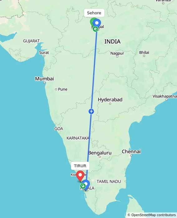 Route map showing distance and travel time from Sehore, India to TIRUR, India