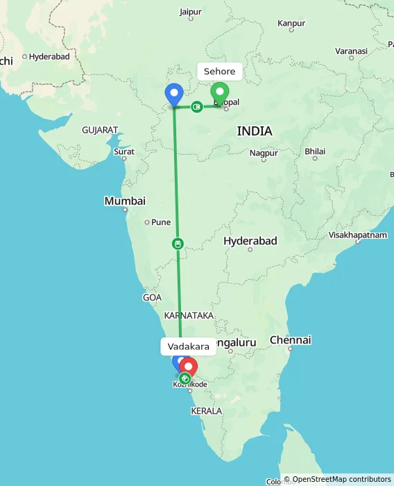 Route map showing distance and travel time from Sehore, India to Vadakara, India