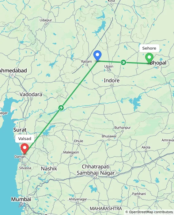 Route map showing distance and travel time from Sehore, India to Valsad, India