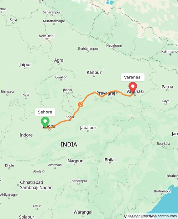 Route map showing distance and travel time from Sehore, India to Varanasi, India