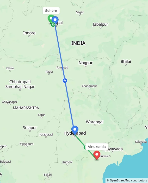 Route map showing distance and travel time from Sehore, India to Vinukonda, India