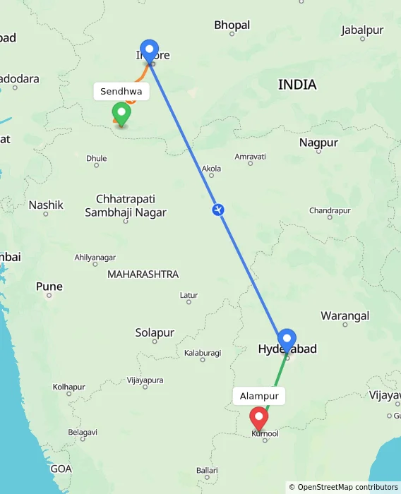 Route map showing distance and travel time from Sendhwa, India to Alampur, India
